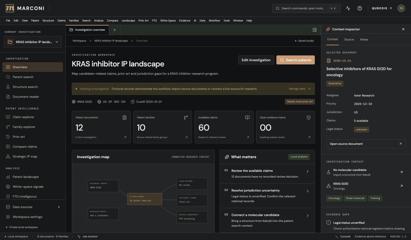 Marconi patent intelligence workspace captured from the source application